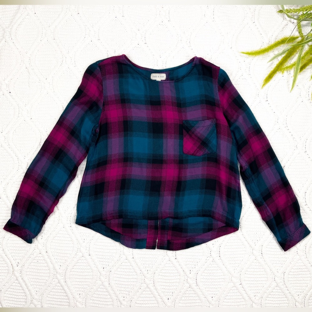 Cloth And Stone (Anthropologie) Women's Top Multicolored Plaid Lace‎ Up Back M